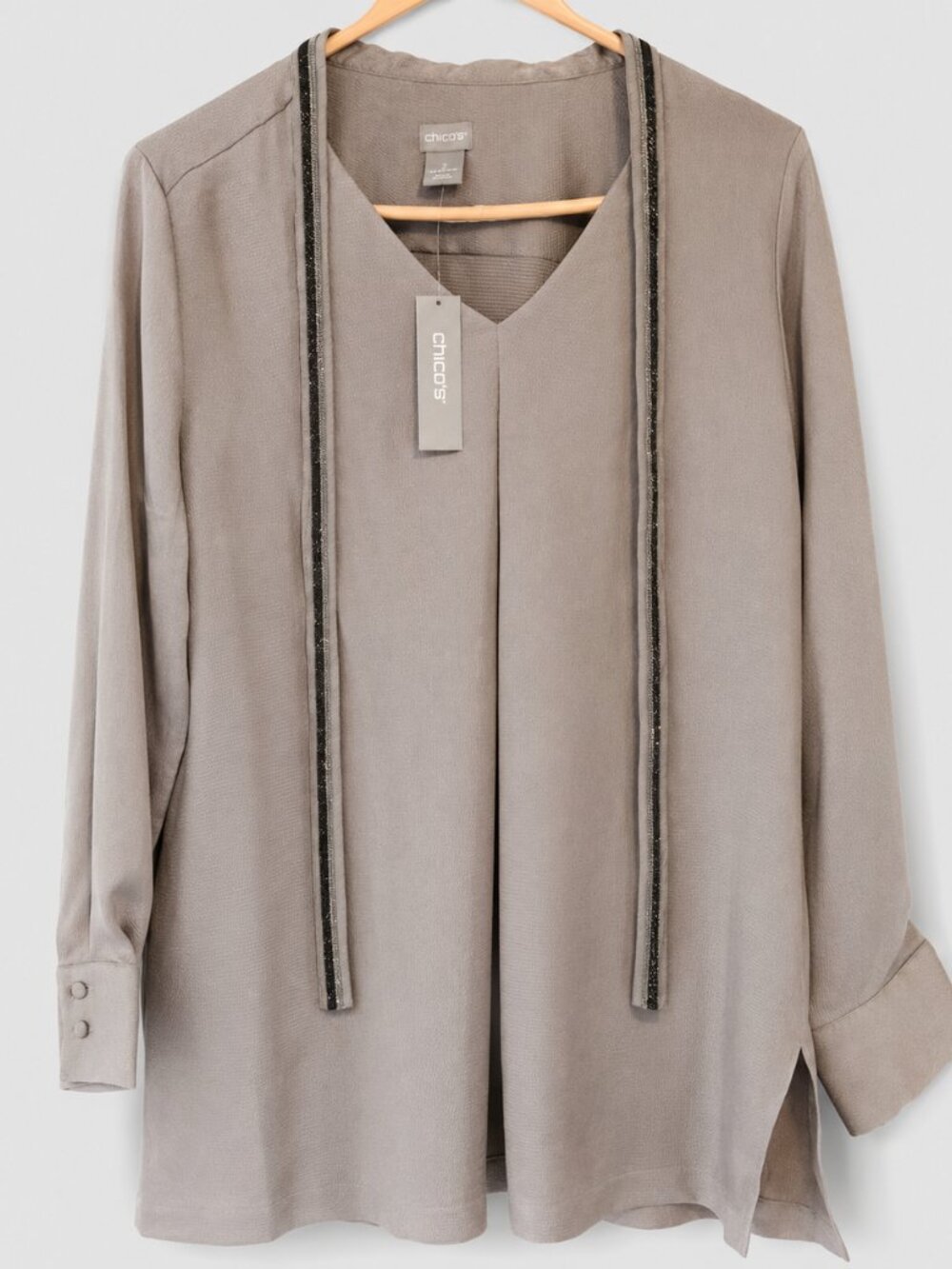 NWT Chico’s Size 2 12/14 Quarry Taupe Satin Tunic Ball Chain Trim $99